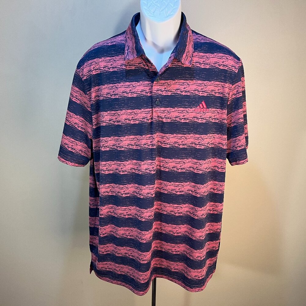🏌️ Adidas Golf Men’s Polo Shirt XL Blue Pink Striped Short Sleeve Performance